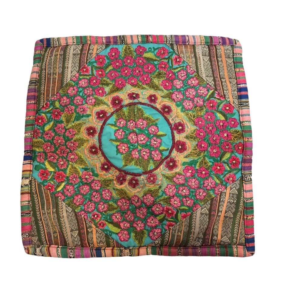 Handmade Floral Embroidered Boho Pillow Cover Square 19x19 Multi Color Woven